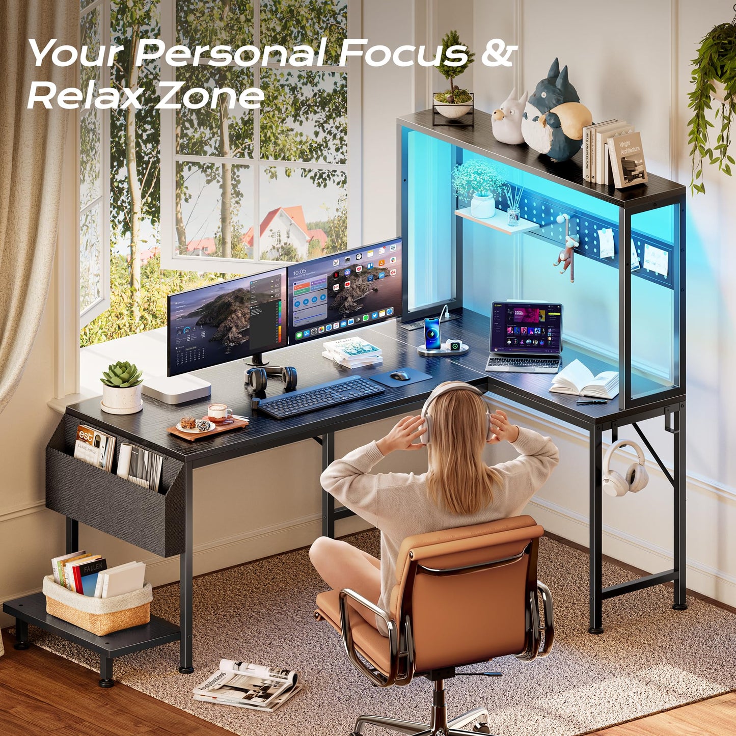 PRAISUN 51.2" L Shaped Gaming Desk with Power Outlets & USB-C Port, LED Lights, Computer Desk with Pegboard, Corner Desk with Storage Shelves & Bag, Office Desk with CPU Stand for Home Office, Black