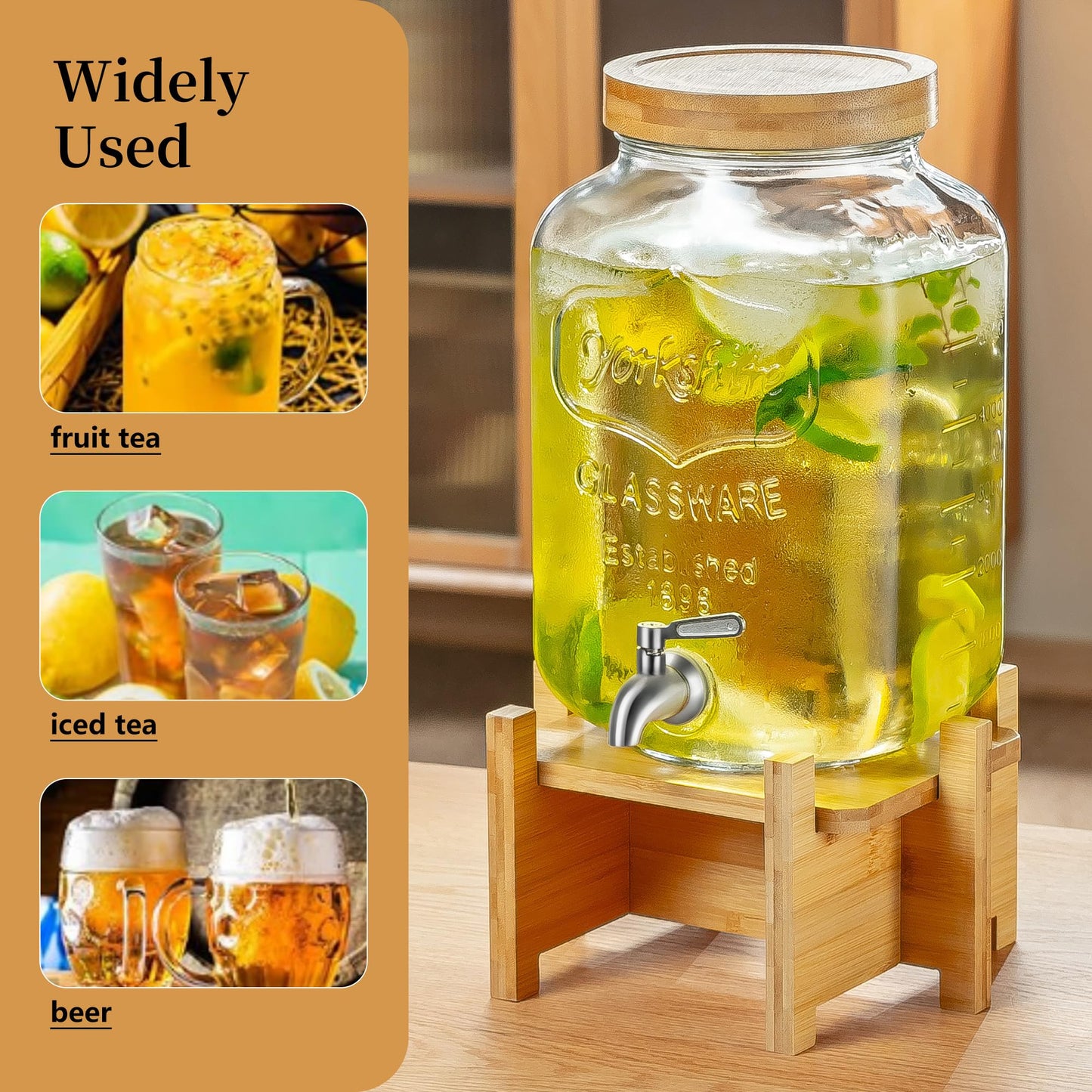 Drink Dispenser with Wood Stand and Lid,2 Gallon Glass Beverage Dispenser with Stainless Steel Spigot for Parties,Picnics,Barbecues,Lemonade,Sun tea Jar,ice coffee,Laundry Detergent Dispenser