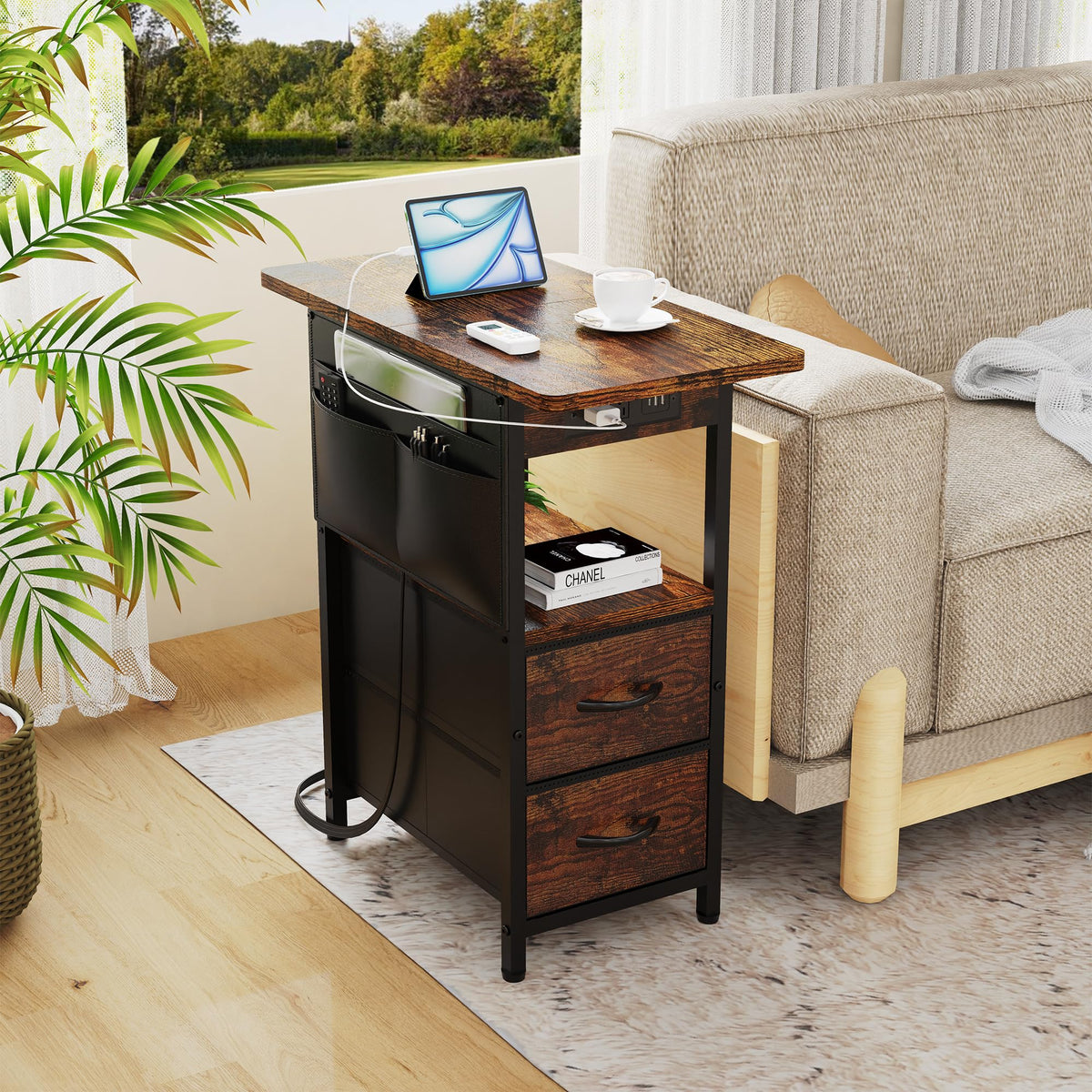 Yenlure Small Side Table with Charging Station, Narrow Nightstand Bedside Tables with Storage Pocket for Living Room Bedroom, Sofa End Table with USB Ports and Power Outlets for Small Spaces