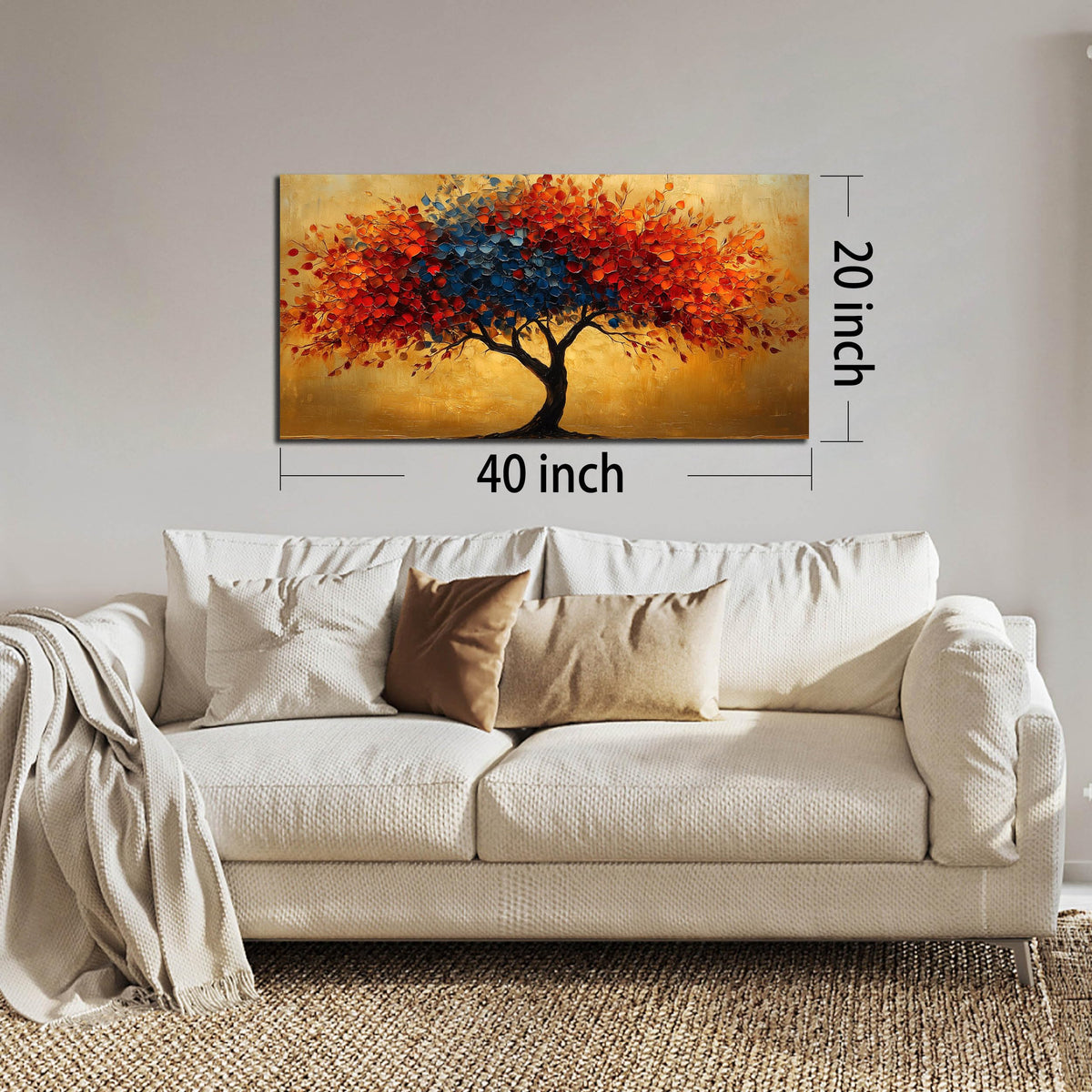 CANEITO Tree Wall Art for Living Room, Red Blue and Gold Wall-Decor for Bedroom, Natural Canvas Prints Pictures for Hallway Office, Size 40x20 Inches
