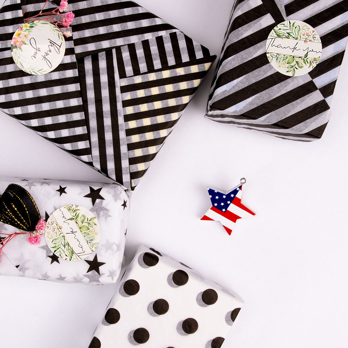 MR FIVE 60 Sheets 20" X 28" White and Black Tissue Paper Bulk,4 Styles Black Tissues Paper for Gift Wrapping,Gift Bags,Birthday,Star Stripes Polka Dots Pattern