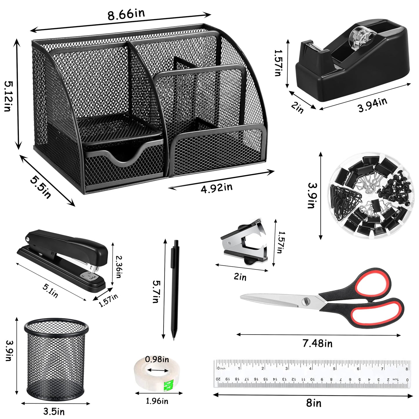 Black Office Desk Accessories Supplies, 12pcs Desk Organizers and Accessories with Tape dispenser and Stapler,Staples,Staple Remover,Pen Holder,Scissor,Ruler,Sticky Tabs,Tape,Ballpoint Pen,Clips Set