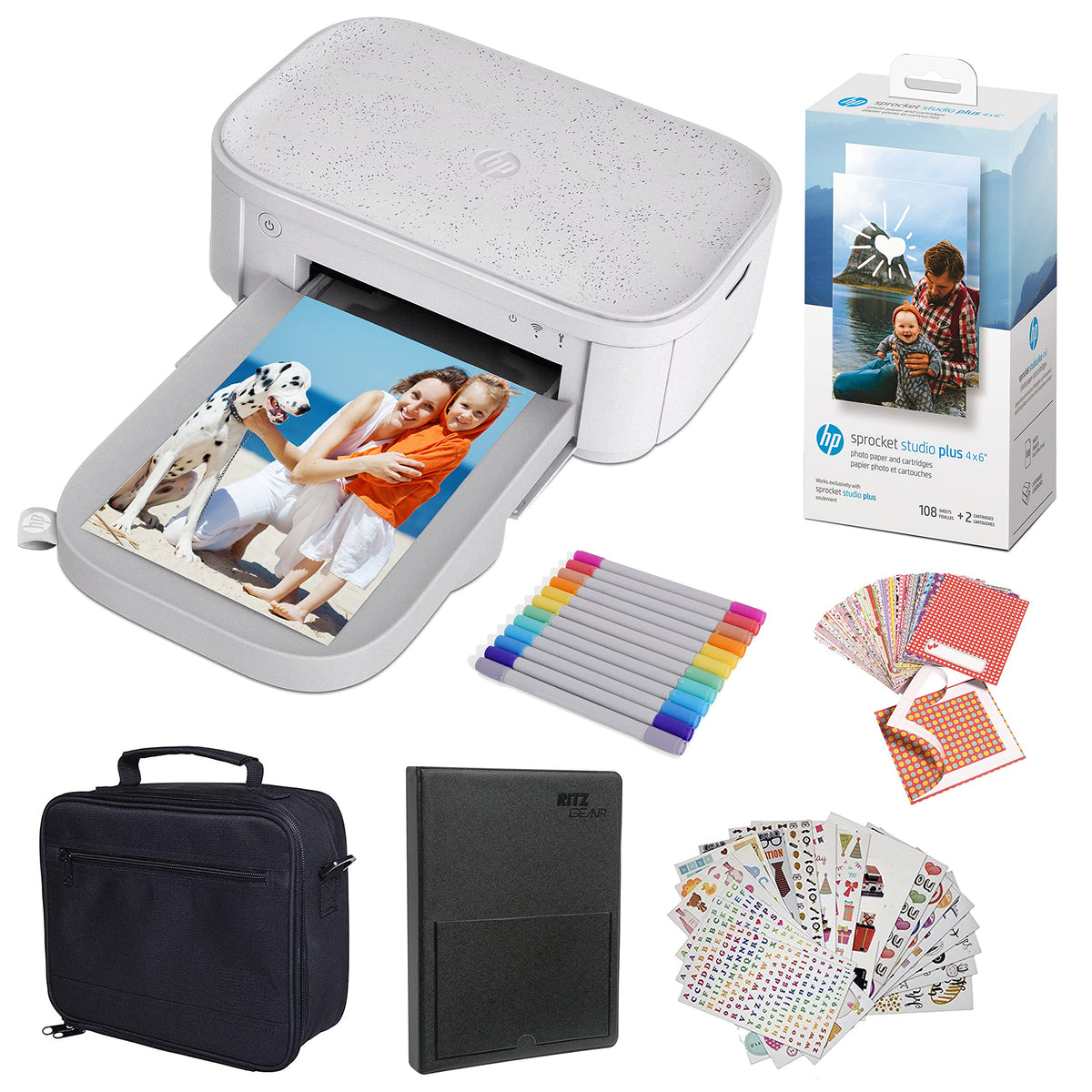 HP Sprocket Studio Plus 4x6 Wireless Instant Photo Printer, Wi-Fi, Premium Dye Sublimation, Prints Vibrant Color Pictures– Bundle: Photo Album, Markers, Photo Paper, and Stickers.
