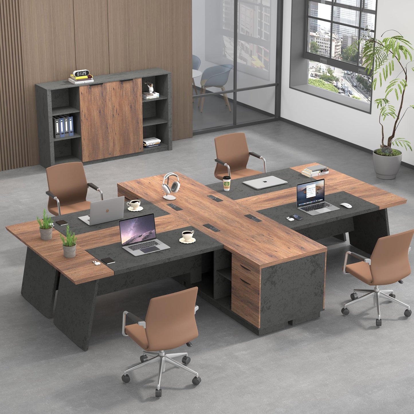 SAINTCY L-Shaped Executive Desk, 78.74 Inches Large Office Desk, Modern Computer Table Set with Drawers & Storage Shelves, Business Workstation for Home Office, Right Return