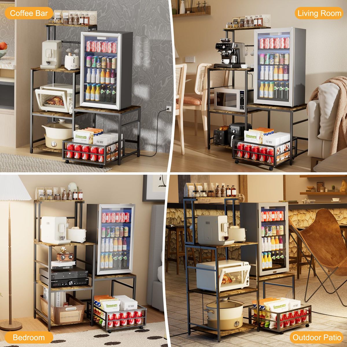 HYPIGO Mini Fridge Stand with Storage, Coffee Bar Cabinet Station with Power Outlet, Kitchen Baker’s Rack with Adjustable Shelf, Movable Basket, Refrigerator Organizer for Kitchen, Dorm, Home, Office