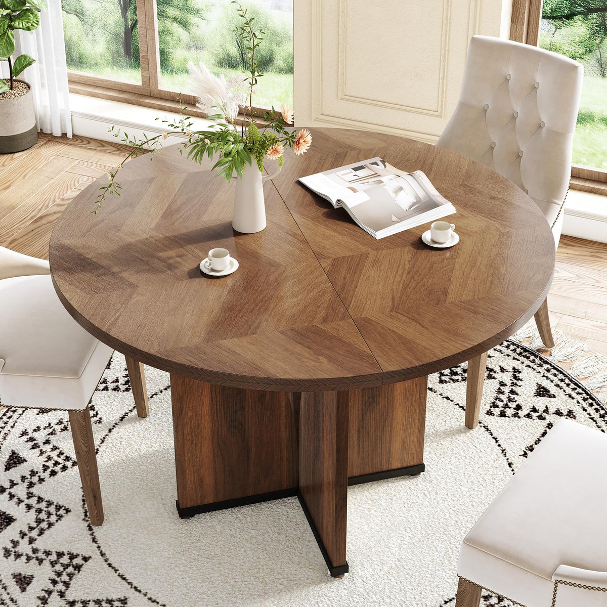 LITTLE TREE 39-Inch Round Dining Table for 4, Rustic Kitchen Table with X-Shaped Stable Pedestal, Farmhouse Dinner Table for Dining Room, Living Room, Dark Brown