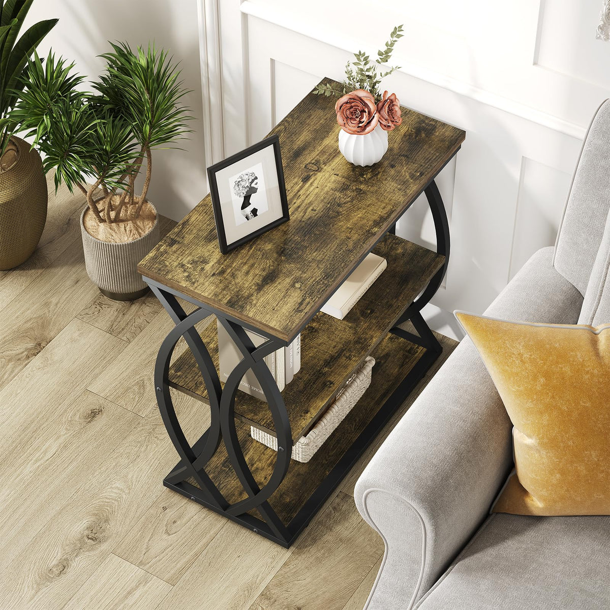 FJLHOHG End Table, Narrow Side Table, 3-Tier End Table with Metal Frame, Living Room Side Table with Storage for Couch, Sofa, Bedroom, Small Spaces, Easy Assembly, 23.6"D*11.8"W*23.6"H, Rustic Brown