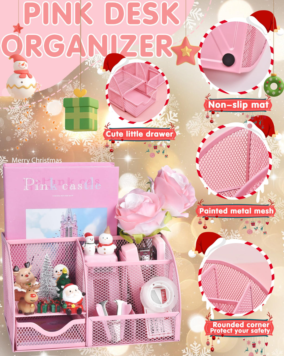 Pink Desk Accessories, 24Pcs Pink Office Supplies and Desk Organizers, with Tape Dispenser, Stapler, Staple Remover, Ect, Gift Box Packaging