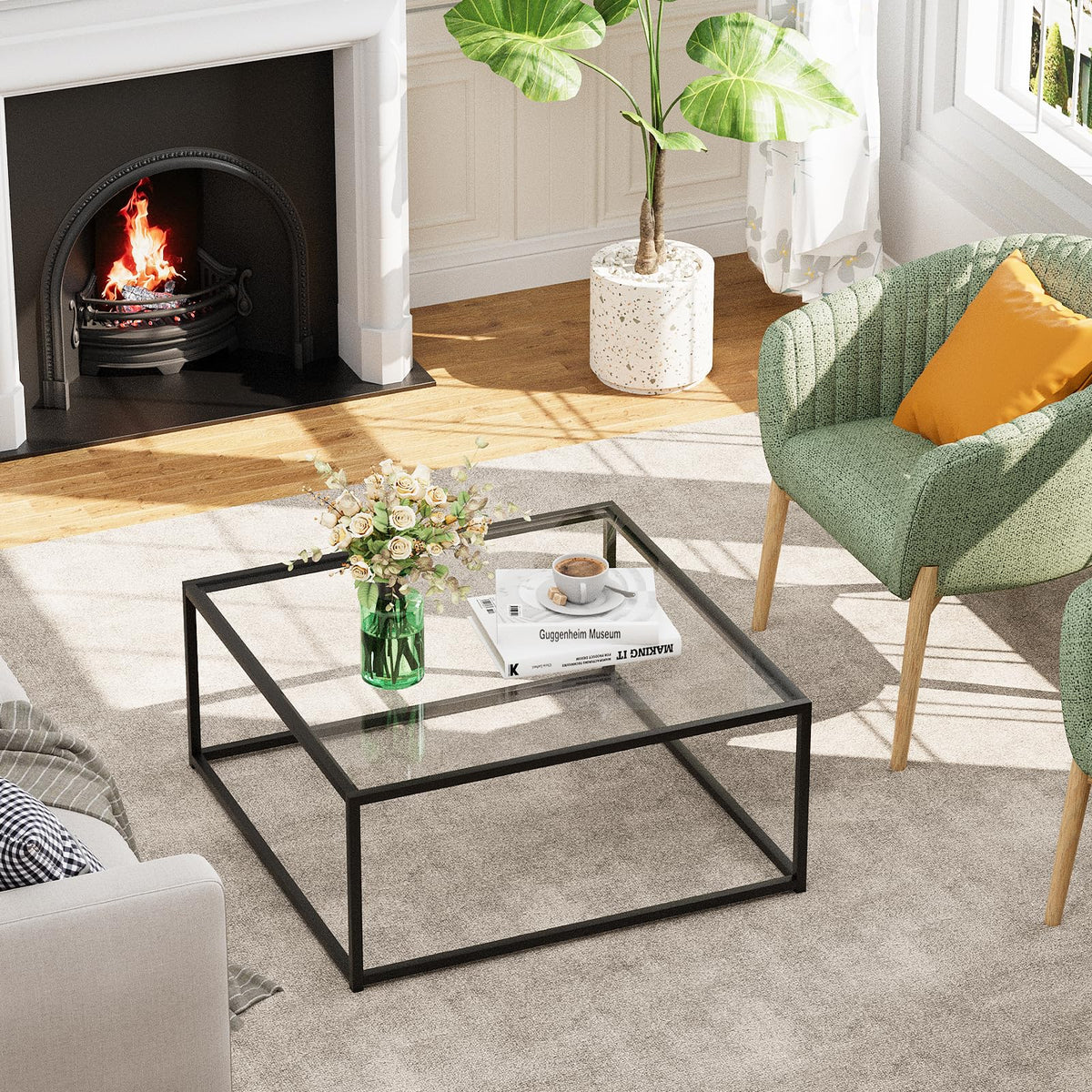 Black Glass Coffee Table for Living Room,Square Coffee Tables for Small Spaces,Simple Tea Cocktail Modern Center Tables, Living Room Tables,Easy Assembly,26 * 26in(Black & Clear Glass)