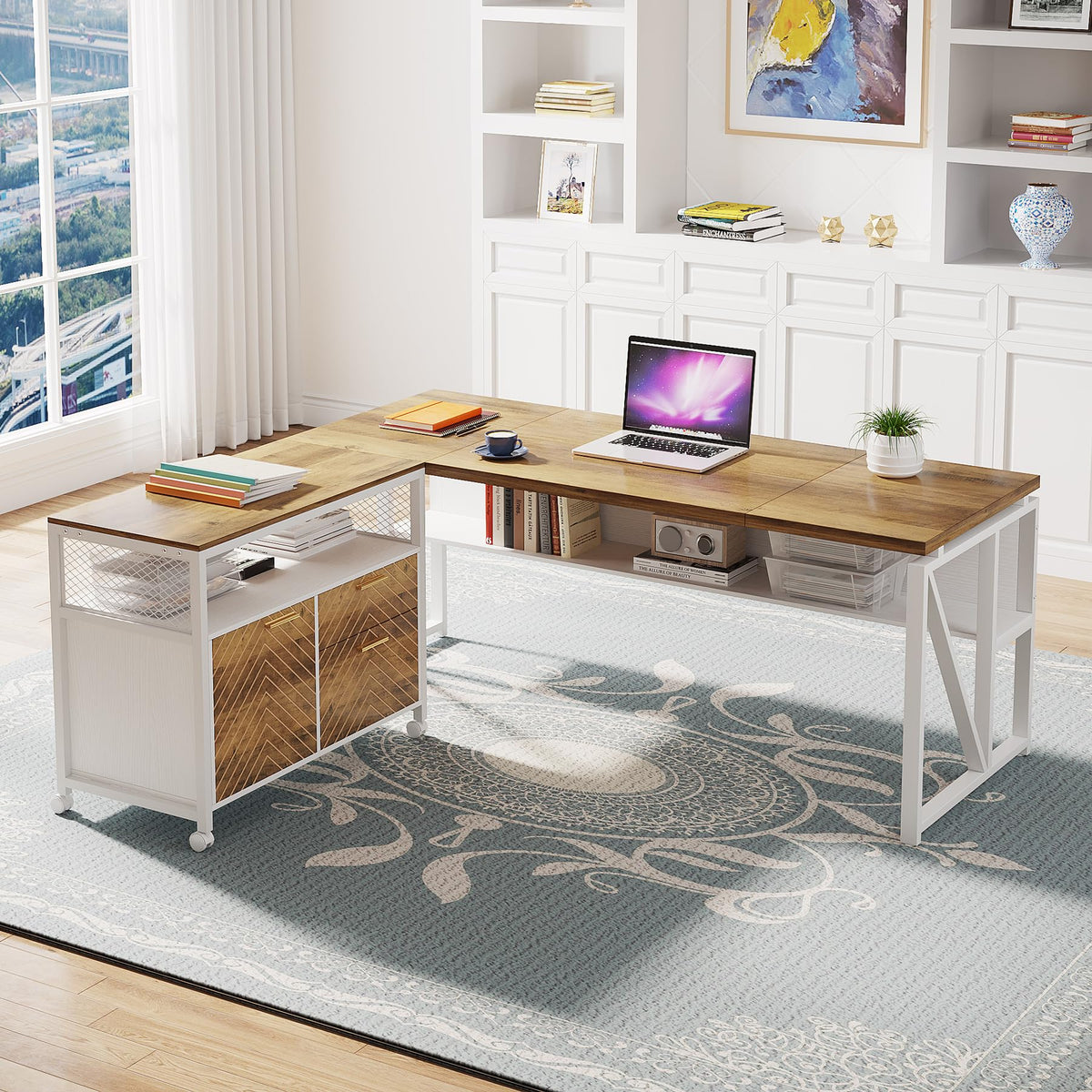 Tribesigns Office Desk with Drawers Sets, 63 inches L Shaped Computer Desk with Mobile File Cabinet,Big Executive Desk for Home Office Furniture Sets (Light Walnut, 63-inch)