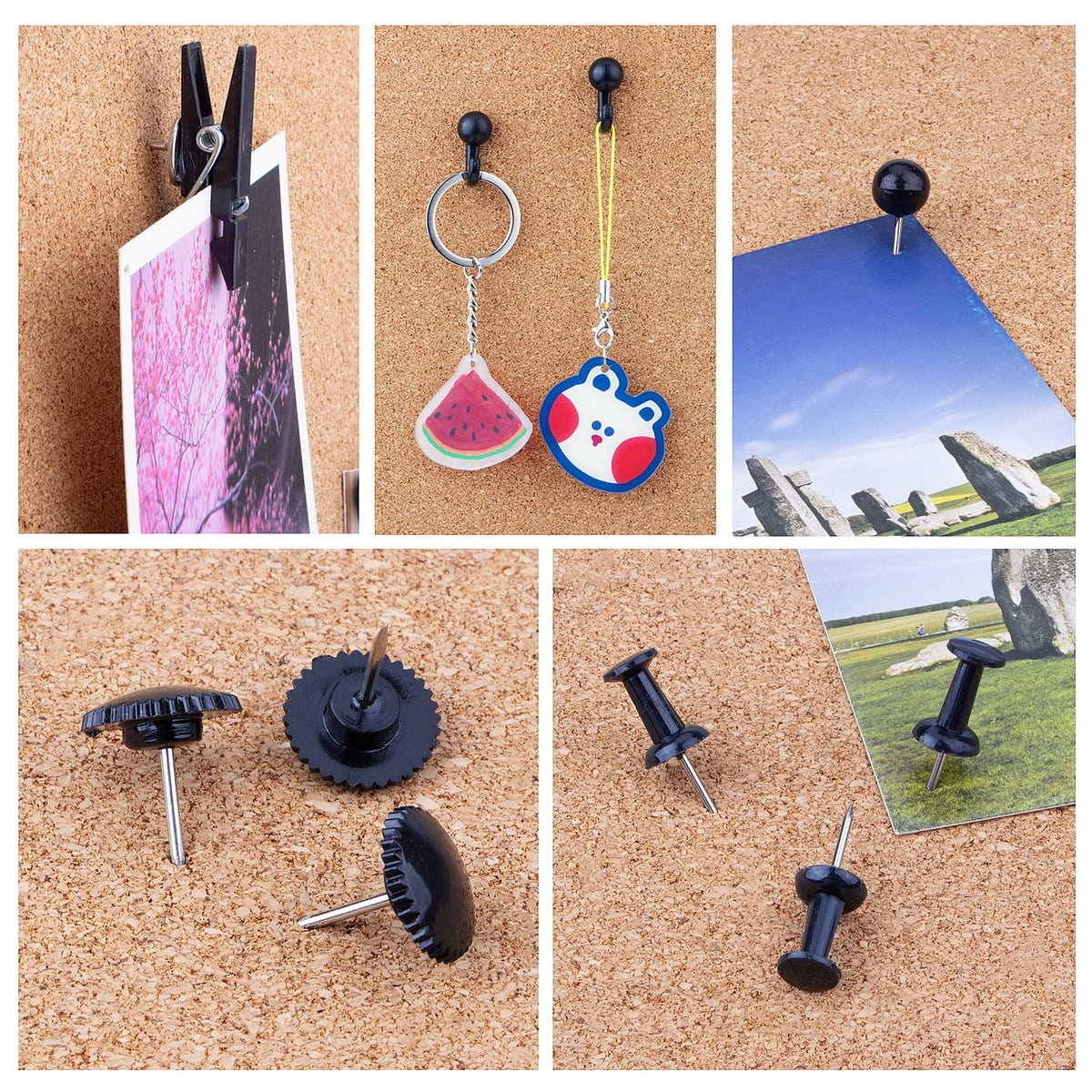 Push Pins Set, 5 Styles Thumb Tacks Map Pins, Steel Point Pushpins Thumbtacks for Cork Board Bulletin Boards (Black-140pcs)