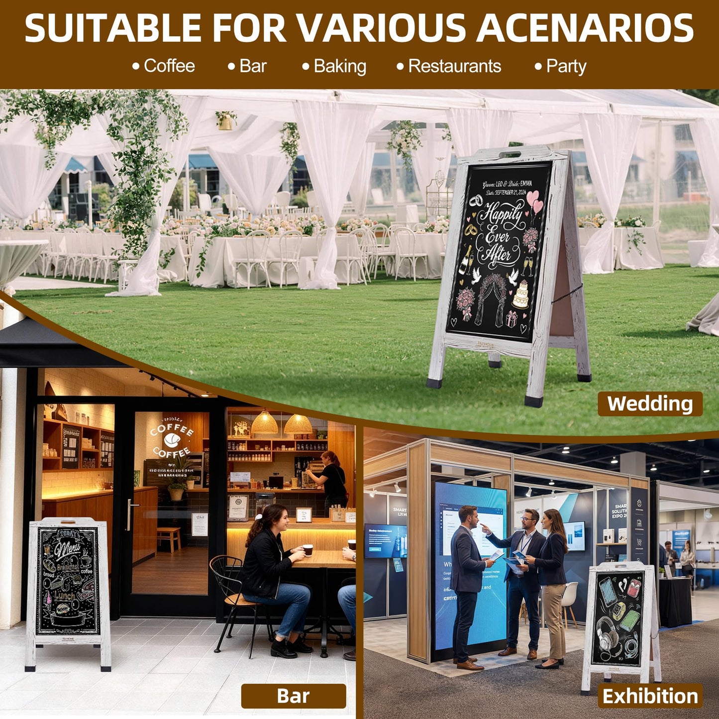Magnetic Portable A-Frame Chalkboard Signs, 40" x 20" Large Wood Sandwich Board Signs Outdoor, Double-Sided Sidewalk Standing Chalk Board for Business, Wedding, Vendor Display, Coffee Shope - White