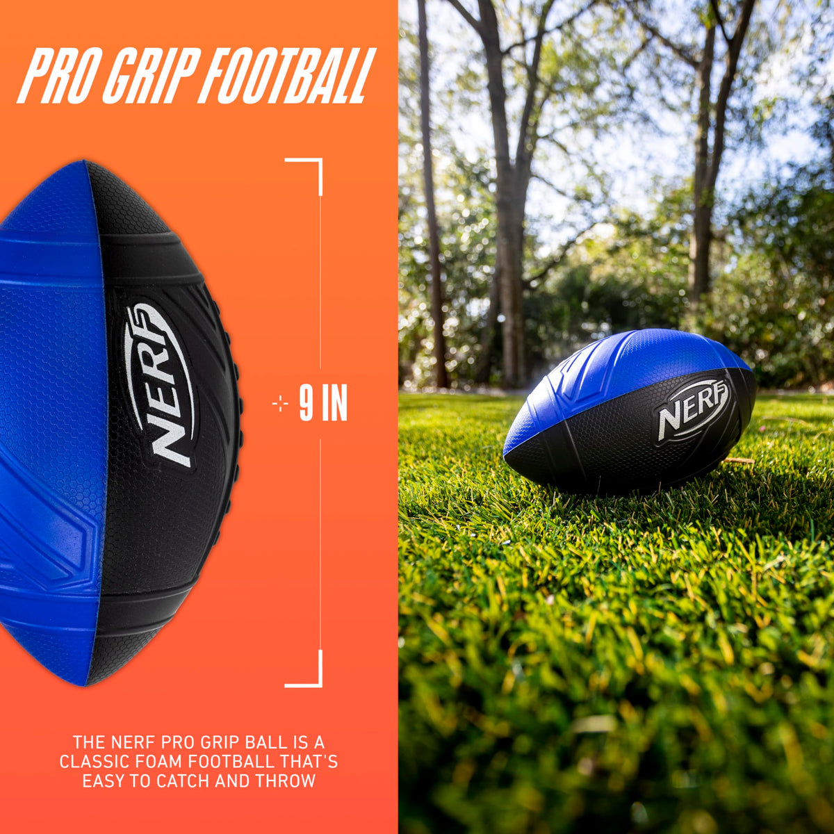 Nerf Pro Grip Football, Blue, Classic Foam Ball, Easy to Catch & Throw, Sports Toys, Christmas Gifts or Stocking Stuffers for Kids