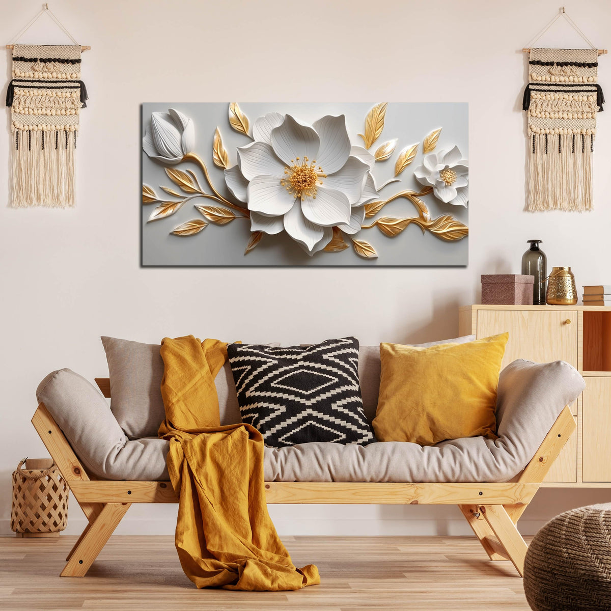 Canvas Wall Art for Living Room Bedroom Office White and Gold Flower Artwork Large Botanical Floral Wall Art Framed Wall Decor Modern Canvas Prints 20x40 In