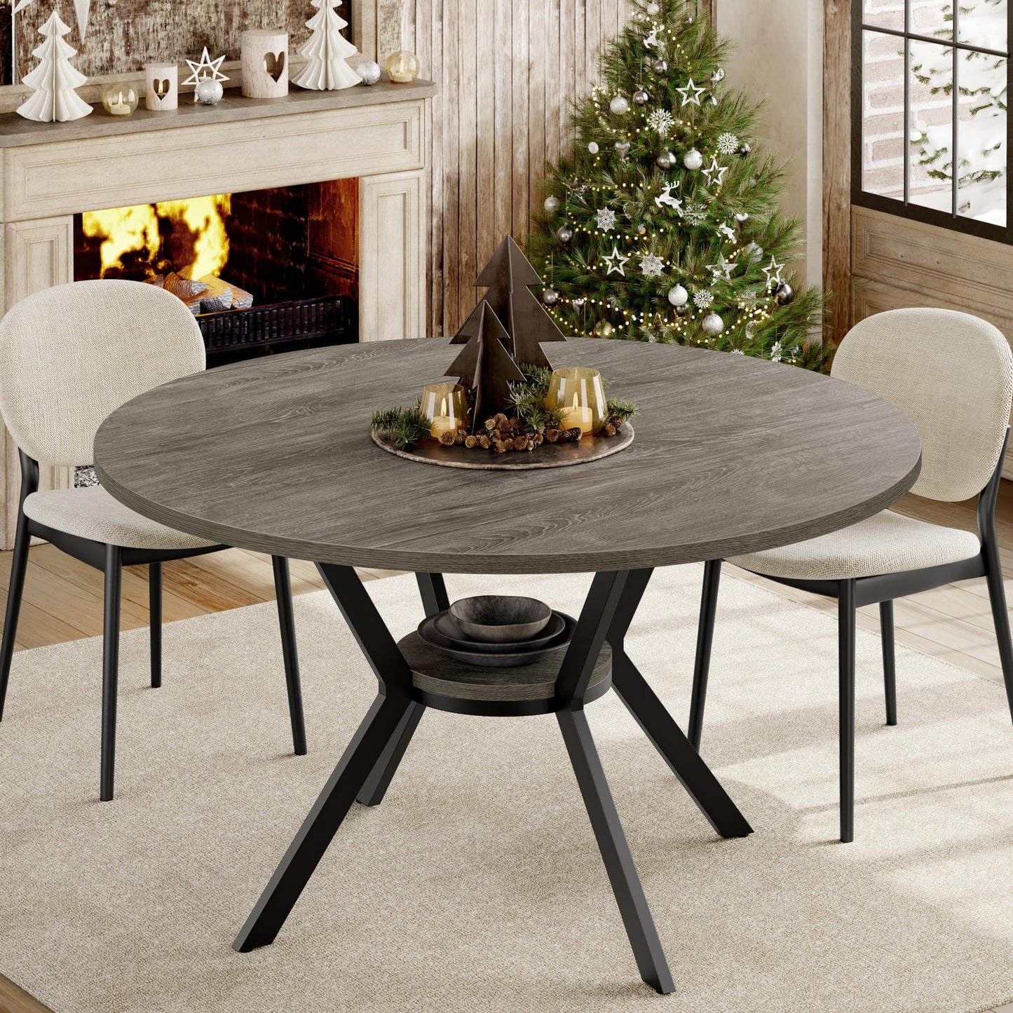 Round Dinner Table for 2-4, 42 Inch Kitchen & Dining Room Table with Storage, Wooden Circle Dining Table, Mid Century Modern Dining Table with Metal Legs for Kitchen, Living Room, Dining Room, Grey
