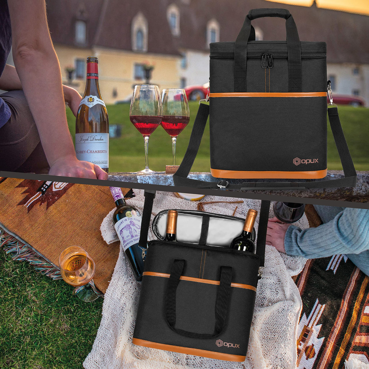 opux 3 Bottle Wine Carrier Tote, Insulated Leakproof Wine Cooler Bag, Wine Travel Bag Tote for Picnic BYOB Beach, Portable Wine Bottle Carrying Case, Gift for Wine Lover Women Men Christmas, Brown