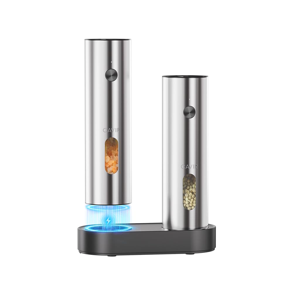 Cavir Electric Salt and Pepper Grinder Set with Charging Base,Upgraded Large Capacity, Automatic Salt and Pepper Mill Set LED light & 6-Level Adjustable Coarseness, Ideal for Home Kitchen BBQ