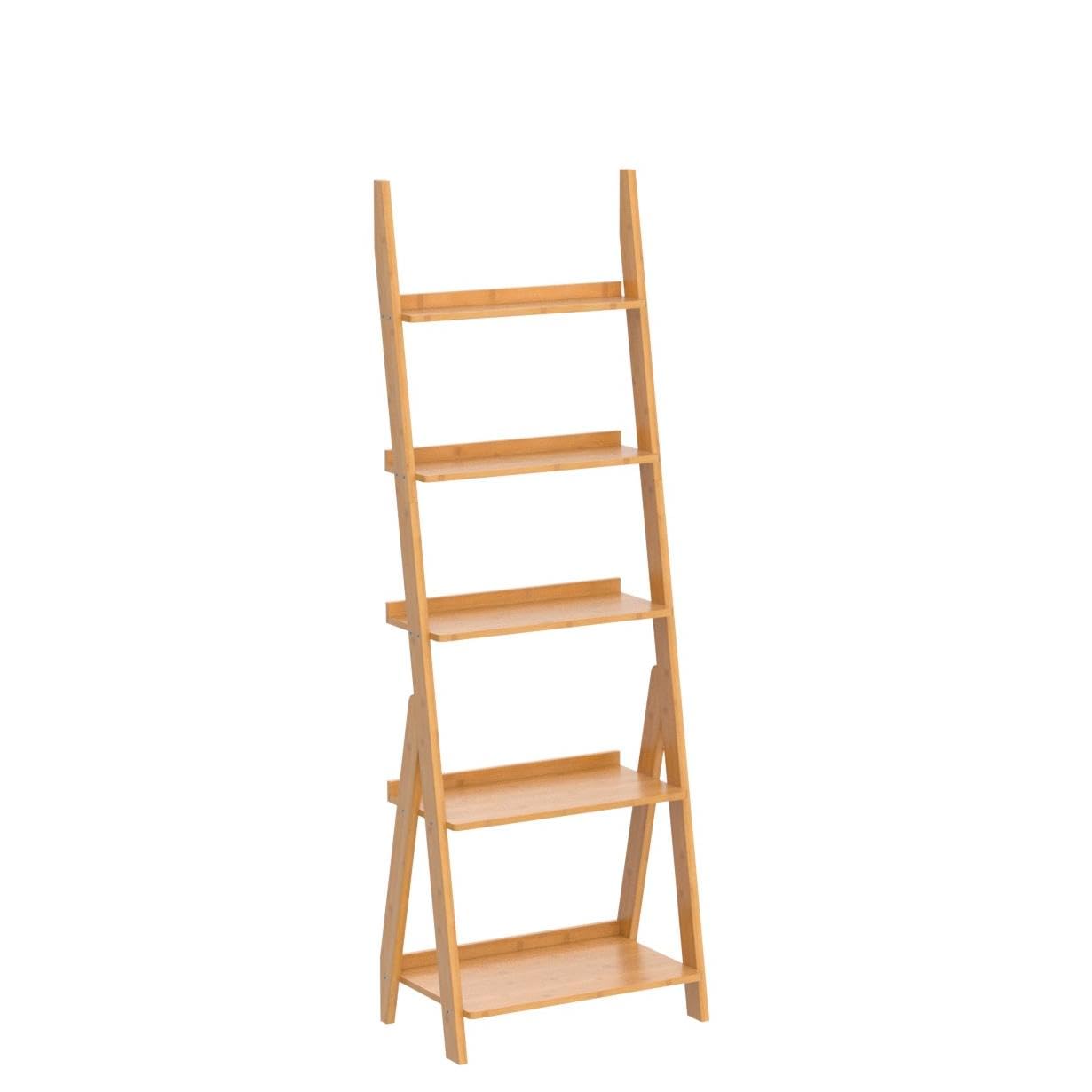 DOUSY- 5-Tier Bamboo Ladder Shelf Ladder Bookshelf Plant & Flower Stand Bookcase, Freestanding Storage Rack Organizer Display Shelf for Living Room, Home Office, Bedroom, Balcony, Natural Wood