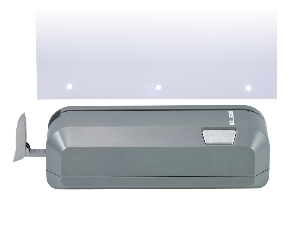Bostitch Office Electric 3-Hole Punch, Dual Paper Loading, Heavy Duty, Jam-Free 20 Sheet Capacity, AC Adapter or Battery Powered, Space Saving, Grey, (EHP20-GRY)