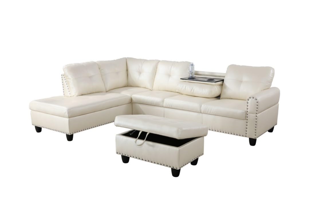 UOCFYK L-Shaped 3-Piece Faux Leather Sofa with Ottoman, Sectional Couch Set for Living Room, Office, Apartment, with Cup Holder, White