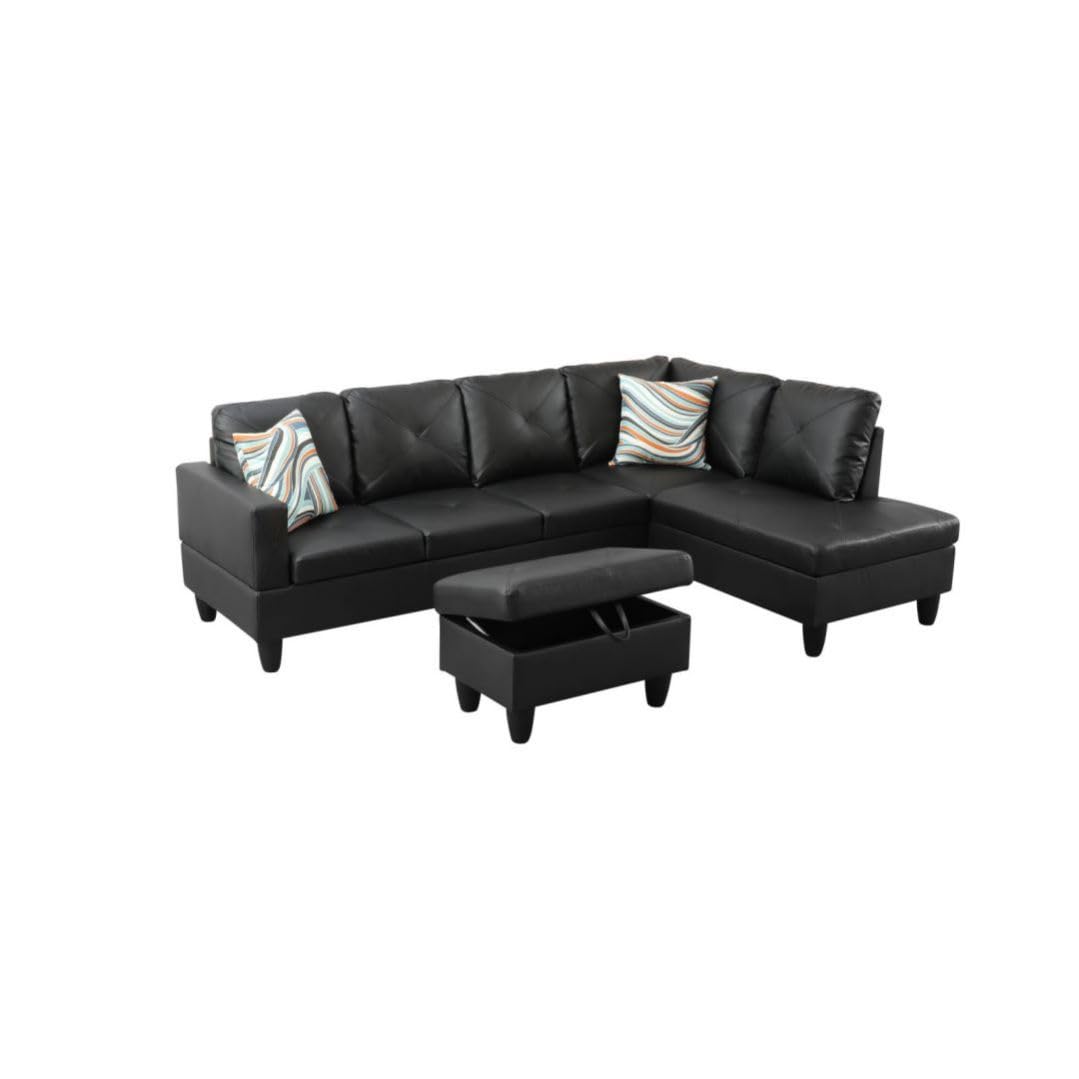 UOCFYK Black L-Shaped 3-Piece Faux Leather Sofa with Storage Ottoman Set, Sectional Couch Sofa Set for Living Room, Office, Small Space