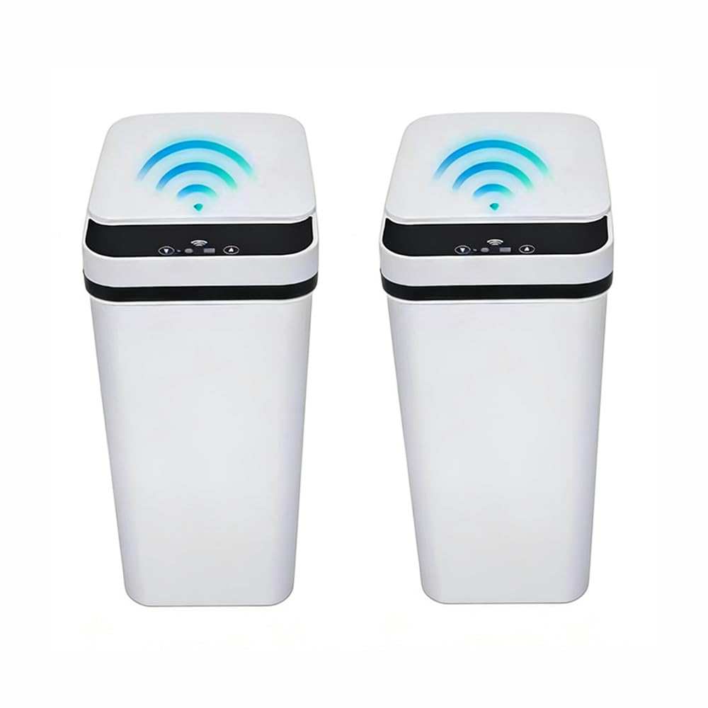 QSFWCSM 2 Pack Bathroom Trash can,Smart Touchless Trash Can,Automatic Motion Sensor Trash Bin with Lid,2.4 Gallon Garbage Can, Kitchen, Bathroom, Office, Bedroom Trash can (White+White)