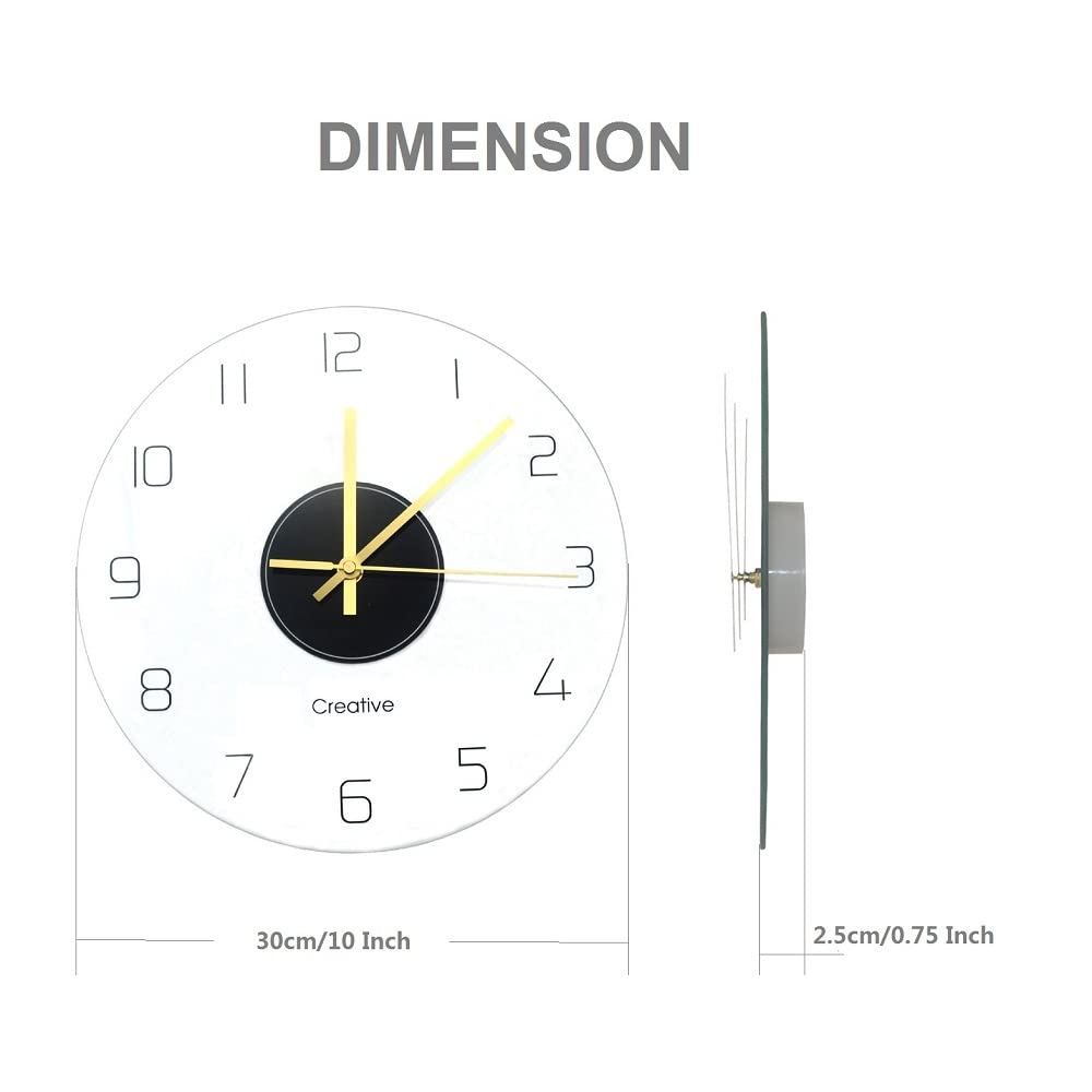 DooGu Round Tempered Glass Wall Clock,Silent Non-Ticking Clock, Living Room Bedroom Office Transparent Decorative Clock, 12 Inch, Easy to Read (12Inch, Black)