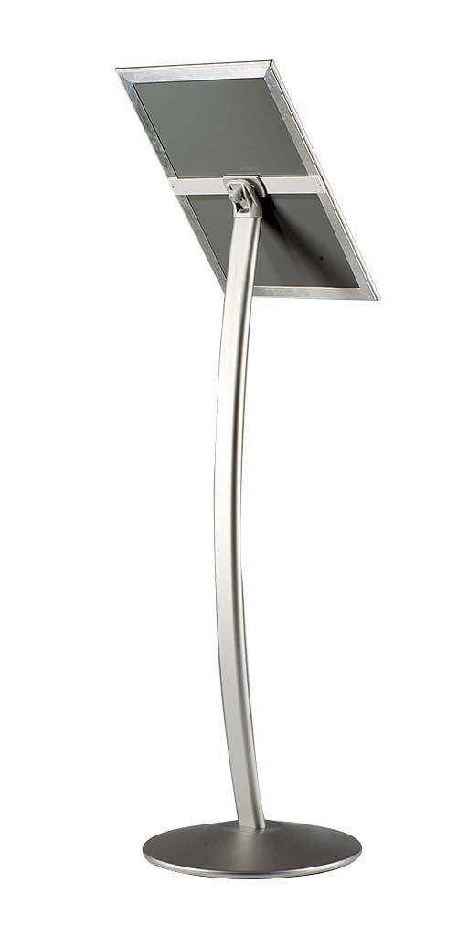M&T Displays Curved Menu Board, 11x17 inch Silver Pedestal Sign Holder Floor Standing Aluminum Front Loading Easy Open Poster Message Advertisement Holder for Restaurant Cafe Hotel