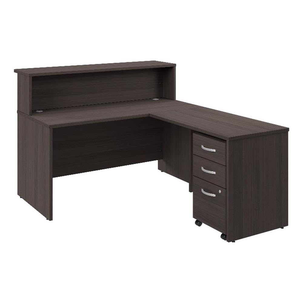 Bush Business Furniture Arrive 60W x 72D L Shaped Reception Desk with Shelf and Mobile File Cabinet in Storm Gray, Modern Receptionist Station for Office Waiting Room