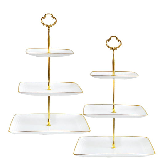 2 Pack RAUVOLFIA Plastic 3 Tier Cupcake Stand with Gold Rim, Plastic Tiered Serving Stand, Dessert Tower Tray for Tea Party, Baby Shower and Wedding, Square