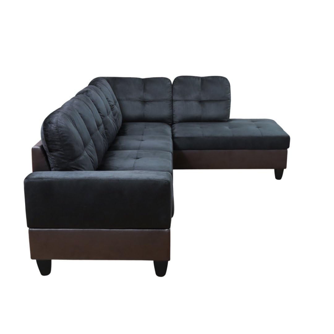 UOCFYK L-Shaped 3-Piece Lint and PVC Sofa with Storage Ottoman Set, Sectional Couch Sofa Set for Living Room, Office, Small Space, Dark Blue and Brown