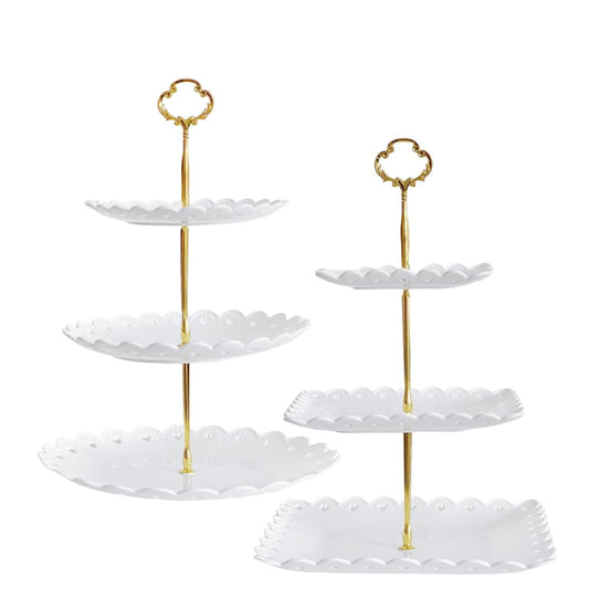 RAUVOLFIA 2 Pack of Plastic Round & Square Dessert Cupcake Stand, 3 Tier Cup Cake Holder Tower for Tea Party/Birthday/Wedding, Plastic Tiered Serving Tray (White)