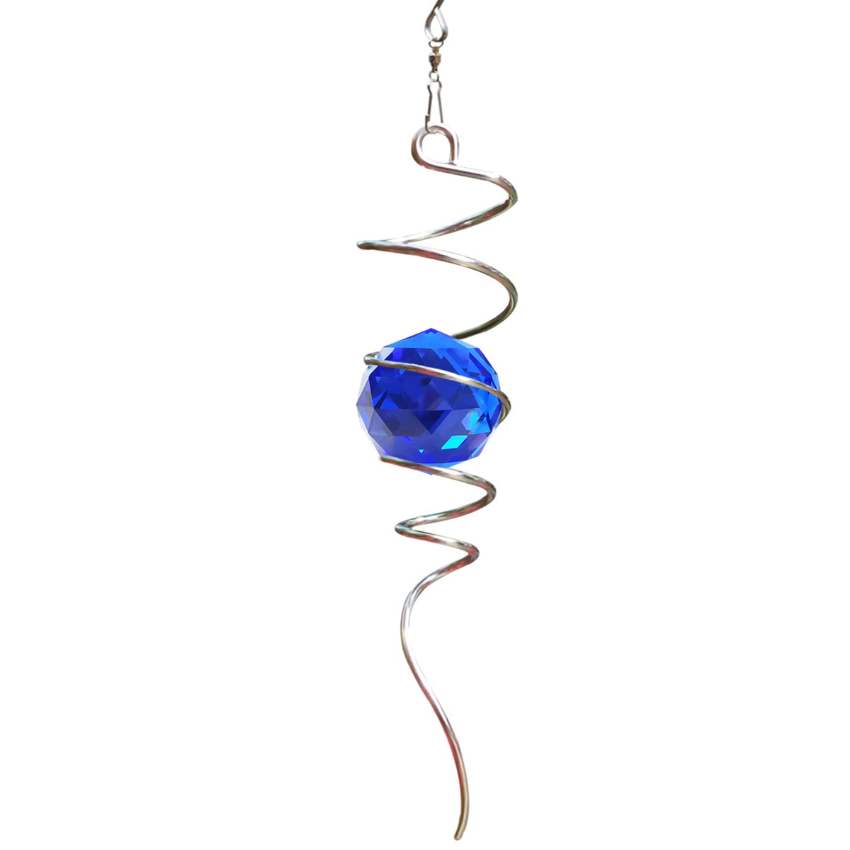 FONMY Gazing Ball Spiral Tail -Decorative Wind Spinner Sun Catcher Rainbow Maker 11 inch Tail and 2 inch Dark Blue Crystal Orb. Indoor Outdoor Garden Decoration -13 inch Height