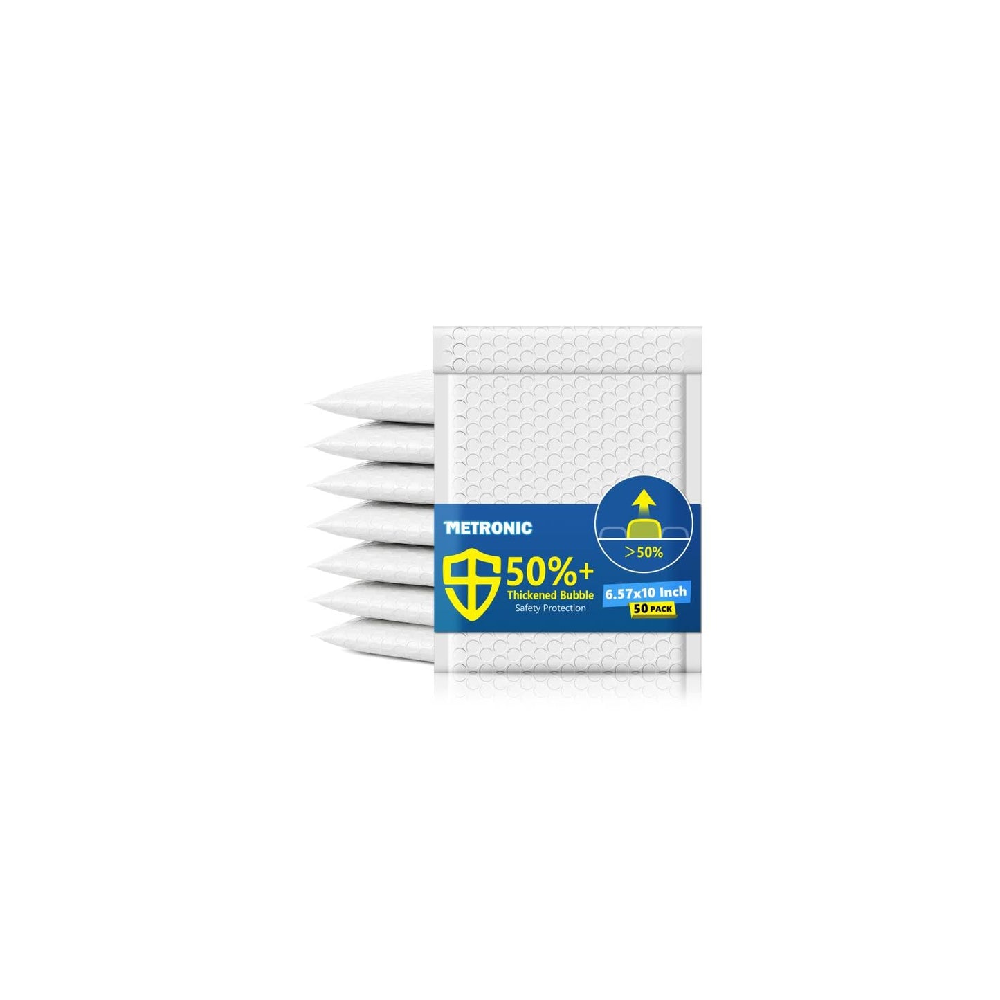 Metronic Bubble Mailers 6.57x10", Usable Size 6x9", 50 Pack, White Padded Envelopes, 50% Thicker 1/7" Bubble, Self Seal Waterproof Mailing Envelopes for CD,Jewelry & Small Business,#0