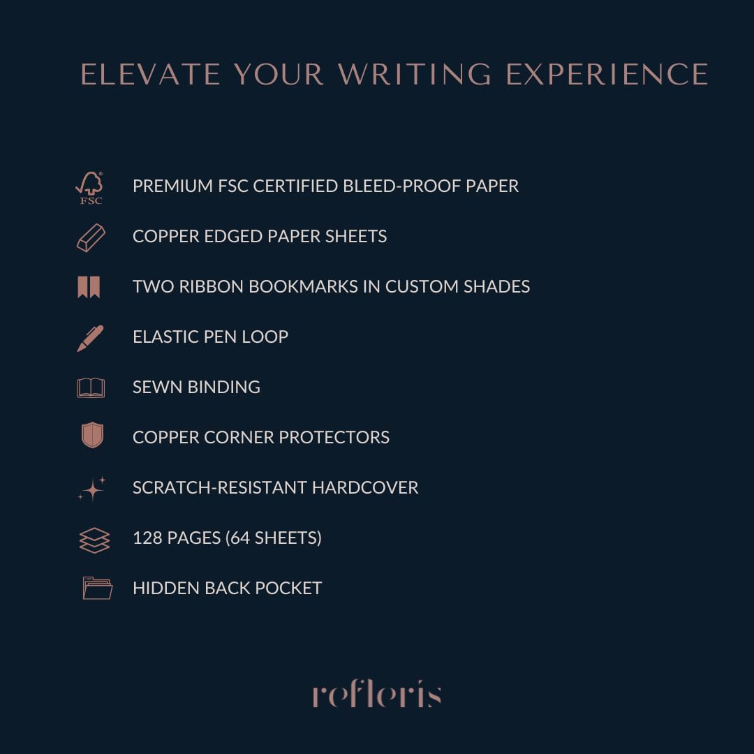 Refleris A5 Journal Notebook – Lined, 120 GSM Thick Paper, Floral Hardcover with Metallic Edges, Pen Loop, 2 Ribbons & Inner Pocket – Pink Writing Diary for Women, Work or Gifts