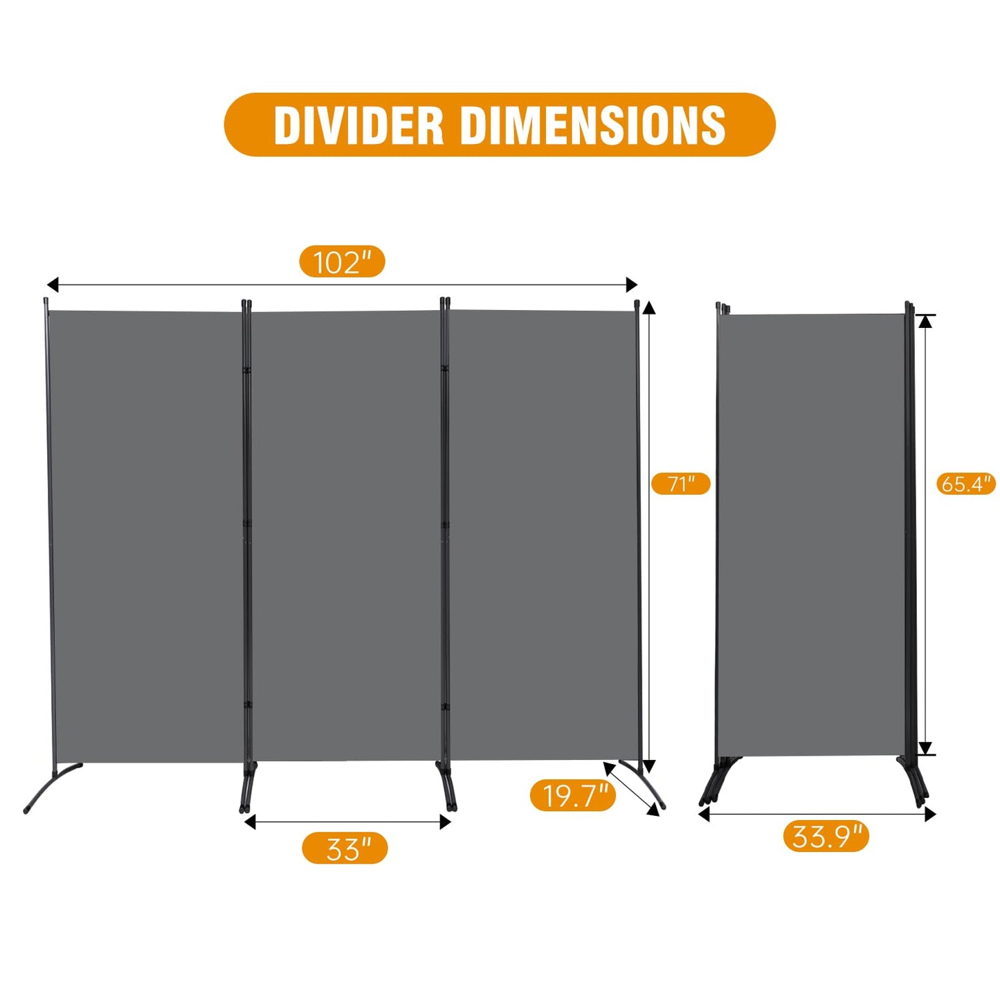 6 FT Tall Room Divider Screen Fabric Wall Divider with Metal Frame, 3 Panel Folding Privacy Screens, Portable Room Divider Panel, Freestanding Room Divider Partition for Office Bedroom Study, Grey