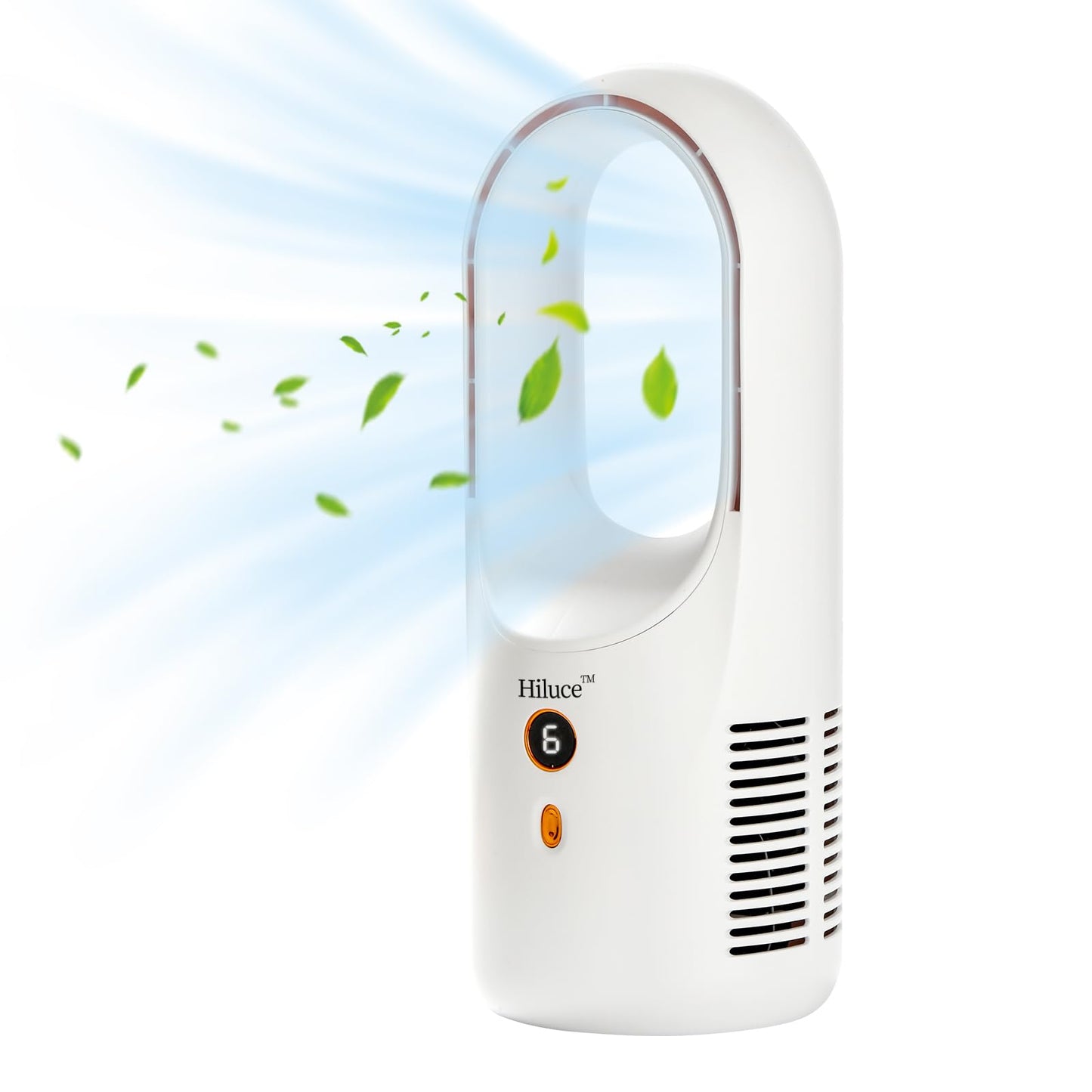Hiluce Desk Fan Bladeless,6 Speeds 11.8 Inch Portable Office Fan, Battery USB Fans,Easy to Clean, Small Quiet Table Fan for Personal Bedroom Home Office Desktop, White