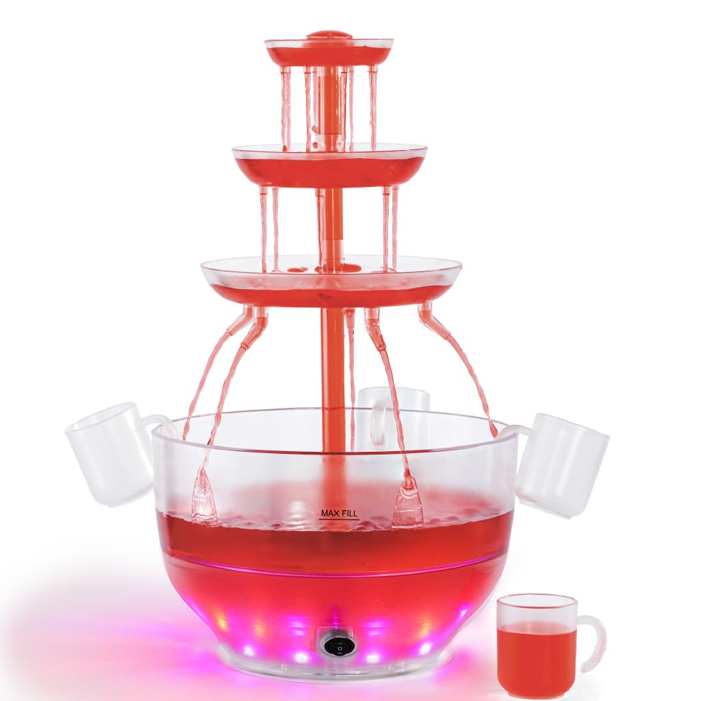 Kusini Drink Fountain for Parties - 1.5 Gal, 3 Tier Punch Bowl Drink Tower, LED Base, 4 Reusable Cups - Drink Dispenser Machine for, Juice, Punch, Pani Puri Fountain for Party Hosting Supplies