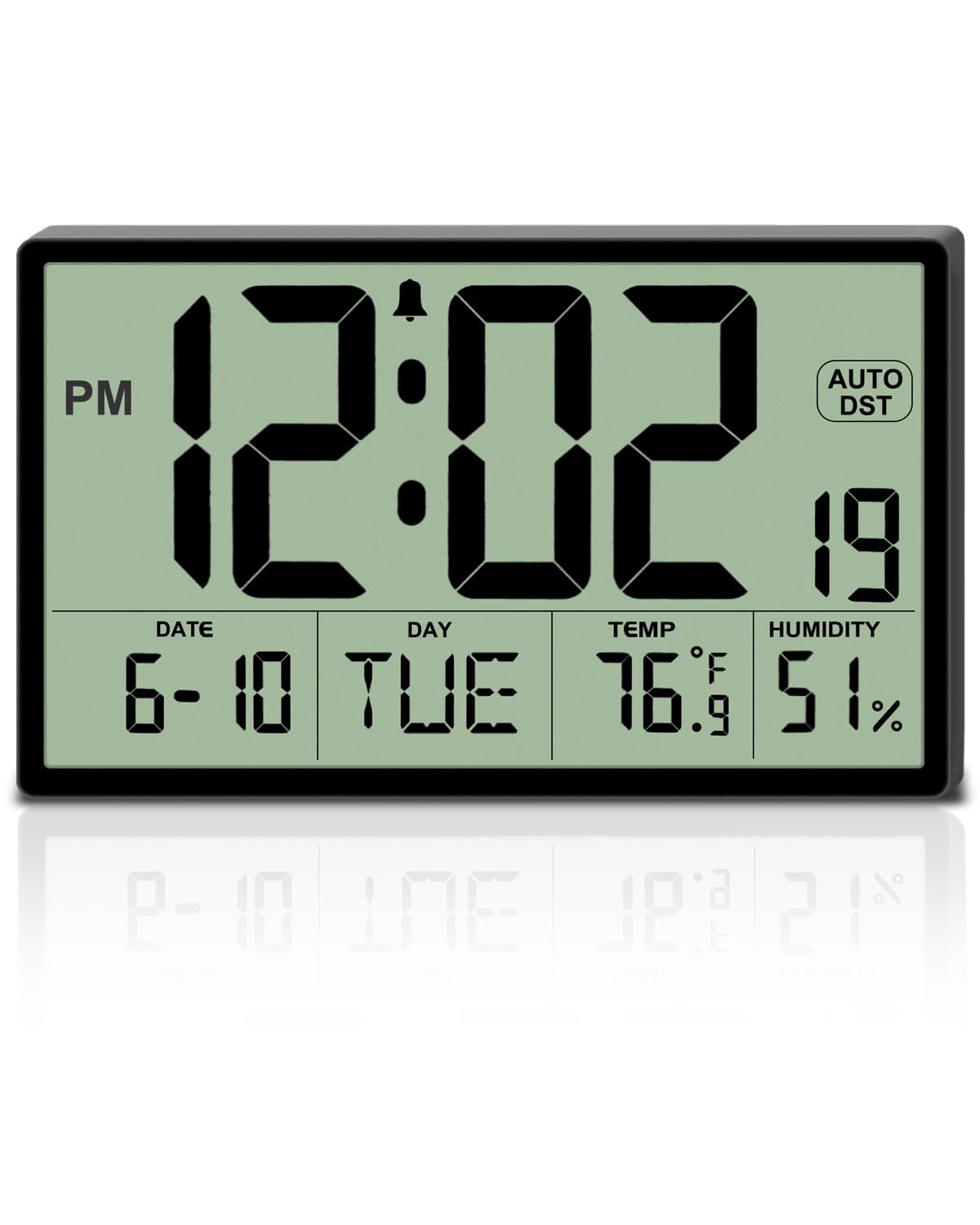 9‘’ Narrow Bezels Battery Operated Digital Wall Clock with Temperature and Humidity - Auto DST, Large 2⅝'' Digits, 5-Level Volume Alarm (3 AA Included) - Wall Mount/Desktop for Office Bedroom Kitchen