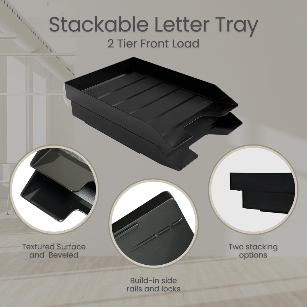 Acrimet 2 Tier Paper Organizer Letter Tray - Plastic Stackable Desk File Organizer, Front Load Paper Sorter Organizer for Letter/A4 Office File Folder Holder - Black