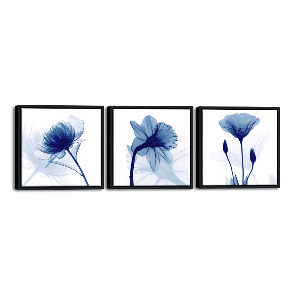 Wieco Art Framed Blue Abstract Flowers 3 Panels Canvas Prints Wall Art Modern Pictures Artwork for Living Room Bedroom Home and Office Decorations with Black Frame