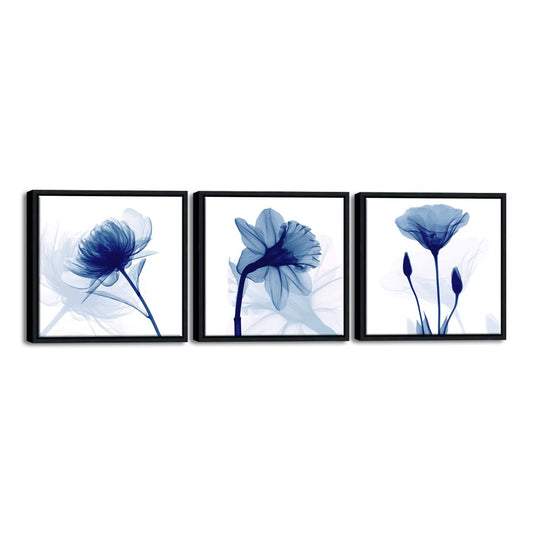 Wieco Art Framed Blue Abstract Flowers 3 Panels Canvas Prints Wall Art Modern Pictures Artwork for Living Room Bedroom Home and Office Decorations with Black Frame