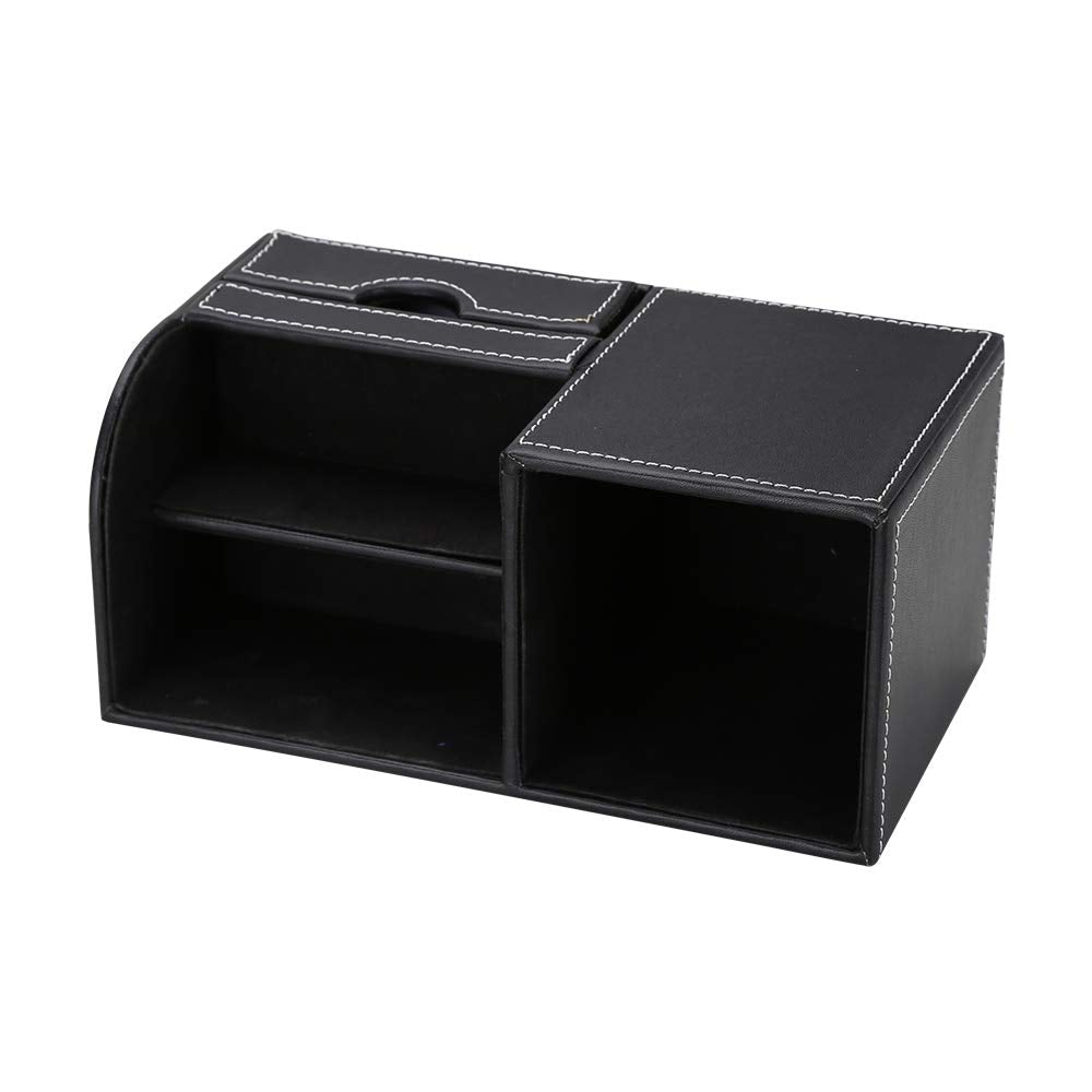 KINGFOM Desk Organizer Office Supplies Caddy Pu Leather Multi-function Storage Box Pen/Pencil,Cell phone, Business Name Cards Remote Control Holder with Small Drawer Black