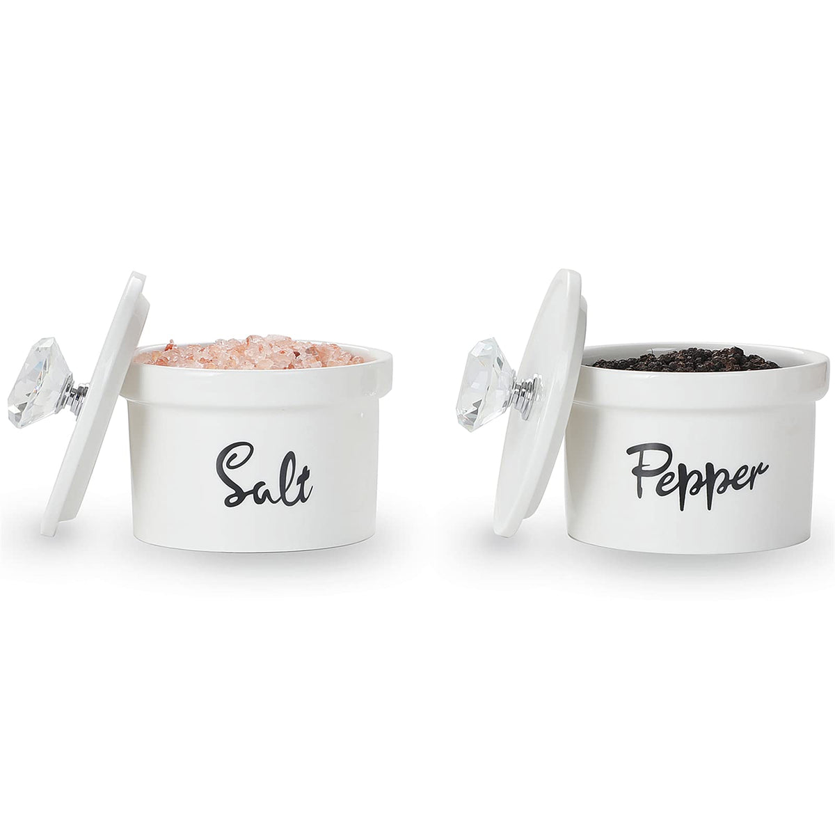 HAOTOP Salt and Pepper Bowls with Crystal Lid, 12.5 oz Ceramic Salt Pepper Container for Countertop,Farmhouse Kitchen Decor, Set of 2 (Silver)