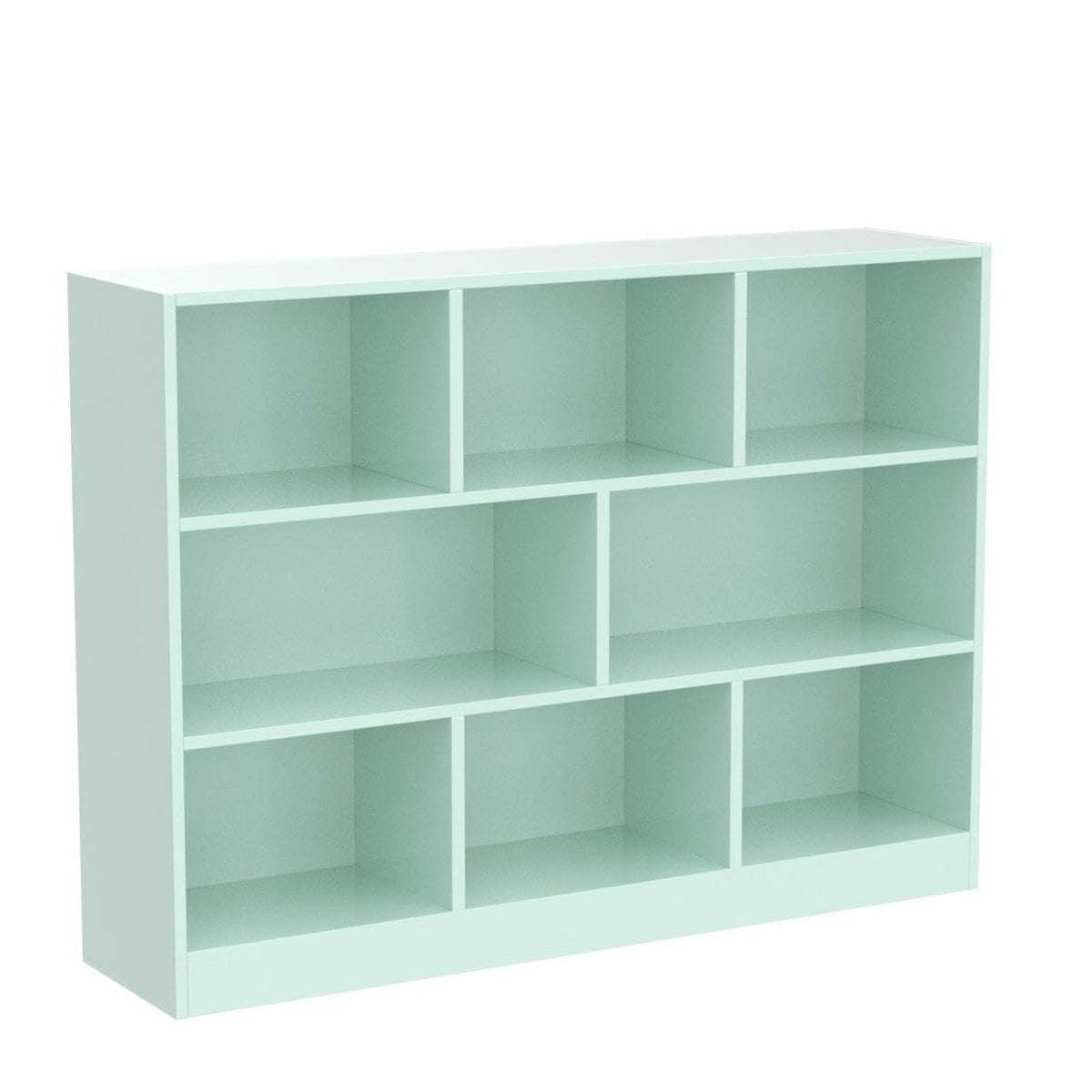 IOTXY Open Shelf Low Bookcase - Wooden 3-Tier Floor Standing Display Cabinet Organizer with Base, 8 Cubes Short Horizontal Bookshelf in Tiffany-Green