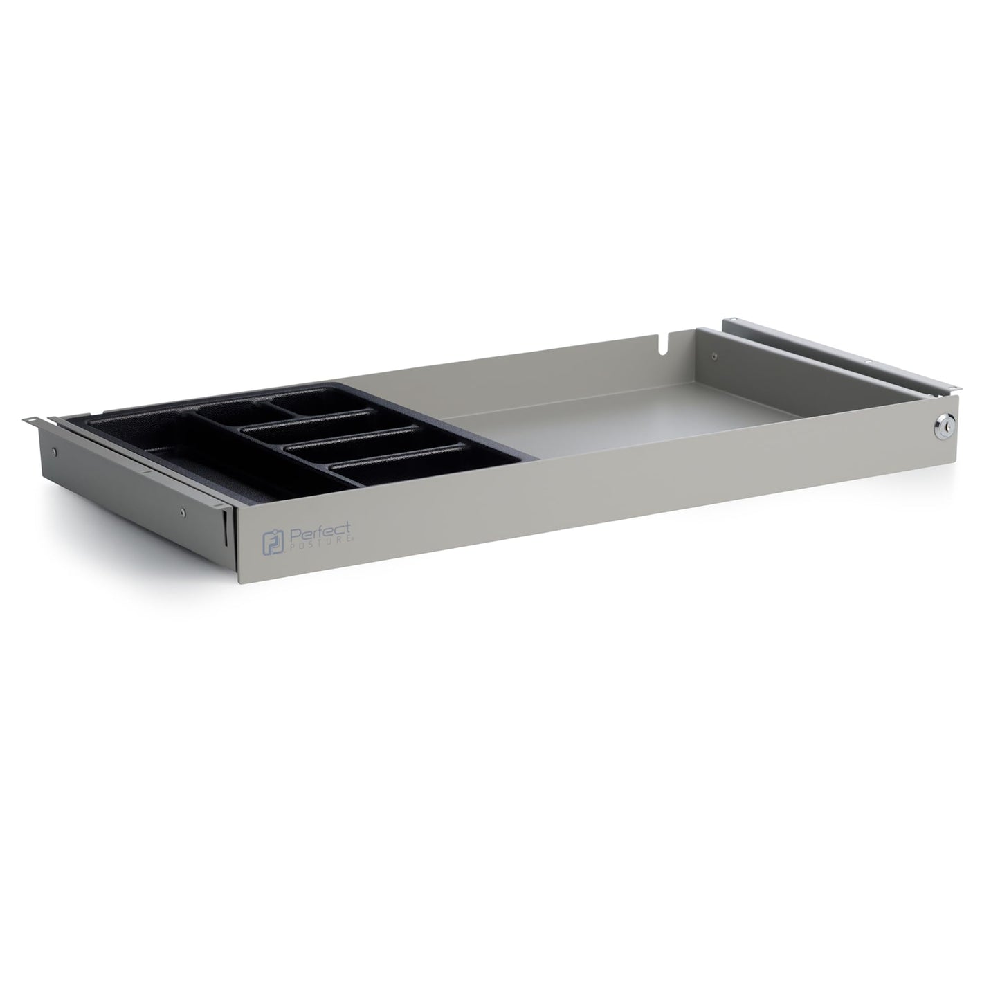 PERFECT POSTURE Max Under Desk Storage Drawer – Large Desk Drawer with Lock for Regular & Sit-Stand Standing Desks, Gray (26.7” x 13”)