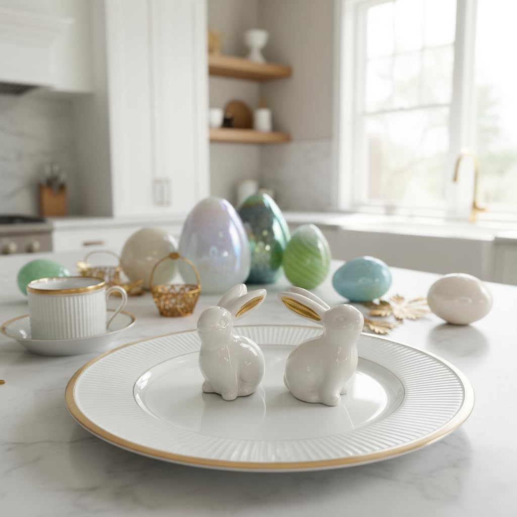 White Ceramic Easter Bunny Salt and Pepper Shaker Set with Gold Metallic Ears, 3" High, 2 Piece with Gift Box