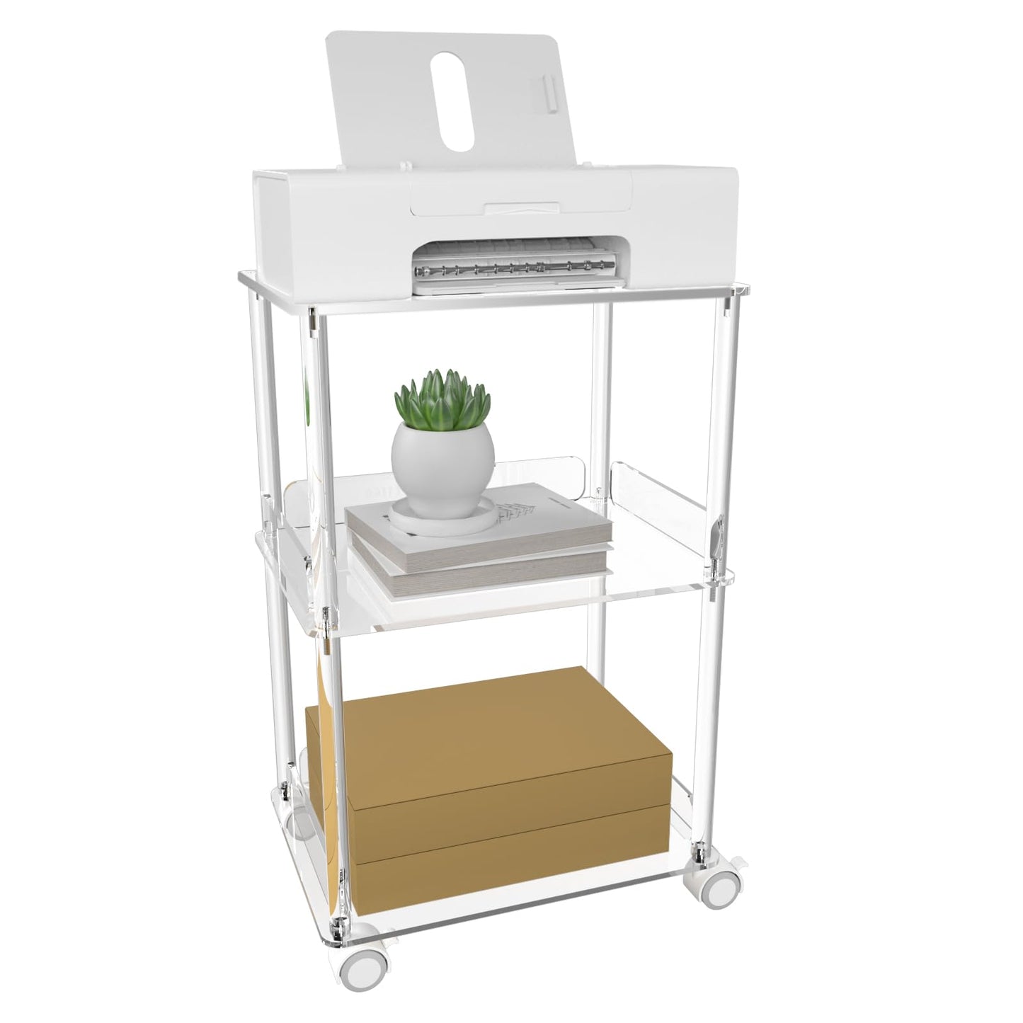 HMYHUM Acrylic Printer Stand, 3 Tier Clear Printer Cart with Lockable Wheels, Multifunctional Printer Table for Office & Home, Modern, 15.7" L x 11.8" W x 24" H