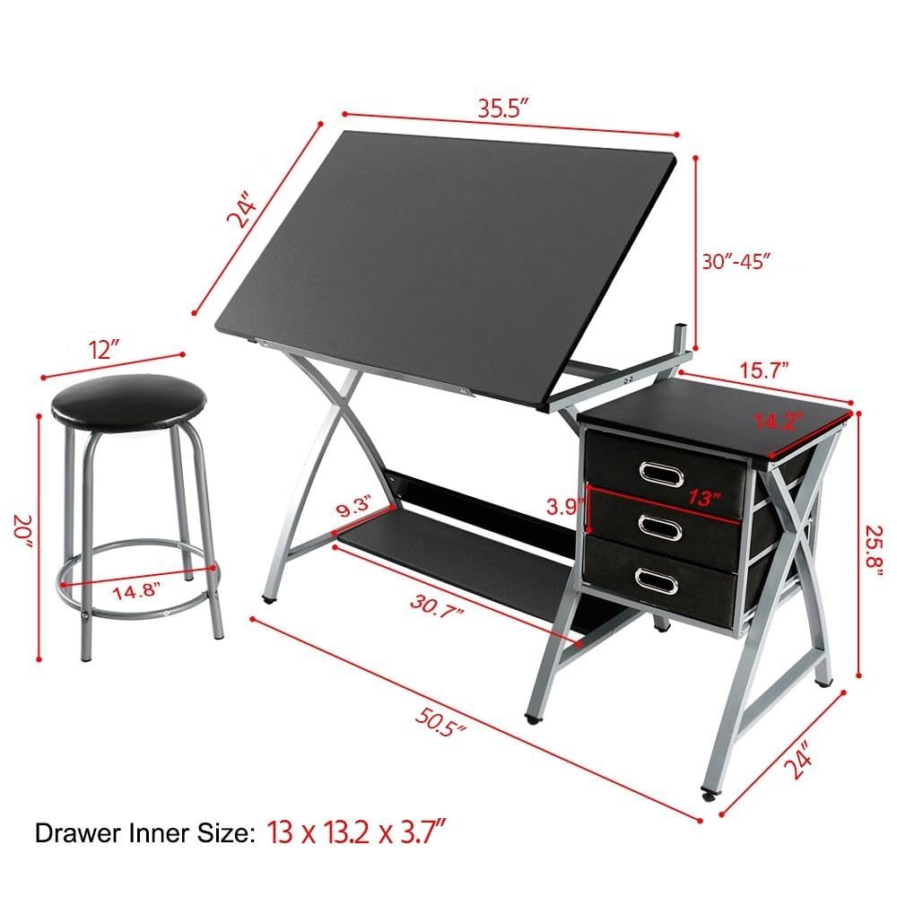 Yaheetech Drafting Desk, Drawing Table for Artists/Adults, Art Desk w/Stool and 3 Slide Drawers, Painting Studio Design Work Station, Adjustable Tabletop, Modern, 50.5 x 24 x 45 inch