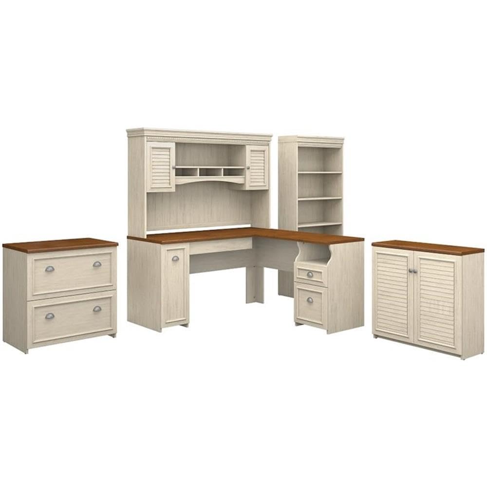 Bush Home Fairview 60W L Shaped Desk with Hutch, File Cabinet, Bookcase and Storage in Antique White and Tea Maple